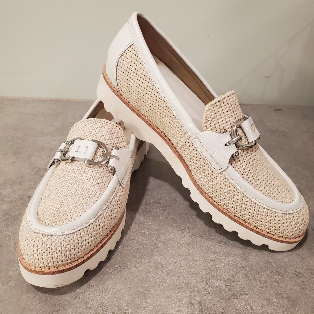NWOB Donald Pliner Women's Clio Raffia Slip-On Loafers Sz 7 Beige White Shoes